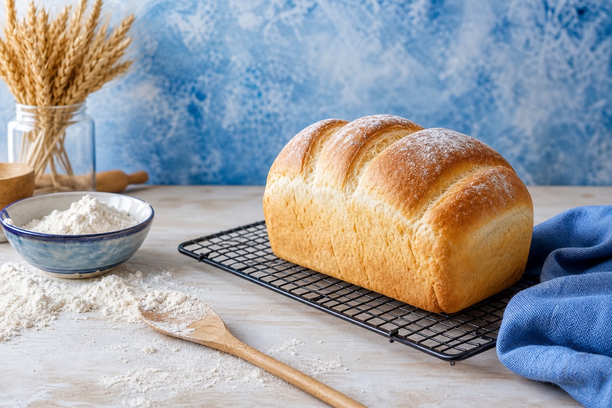 Fresh home baking ingredients and tools on a warm kitchen counter
